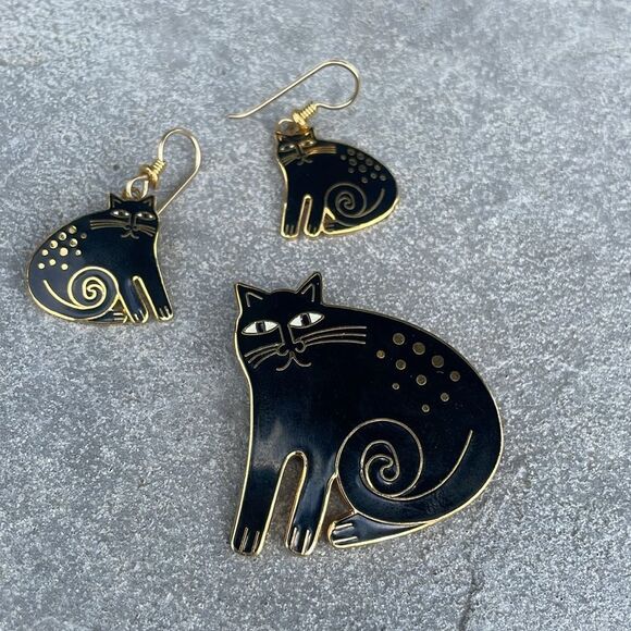 Laurel Burch vintage Keshire cat earring and brooch set like new black - Picture 2 of 5